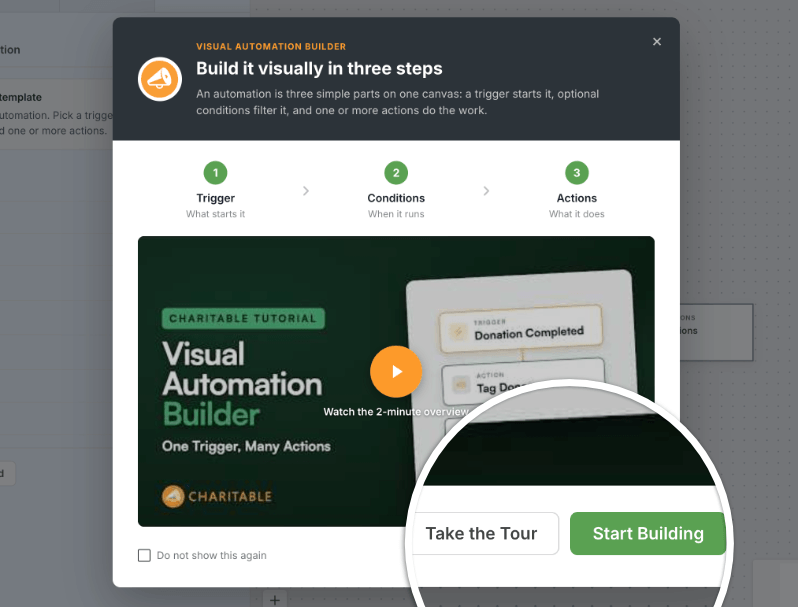 take tour or start building automation | Charitable Visual Automation Builder welcome screen with Take the Tour and Start Building buttons