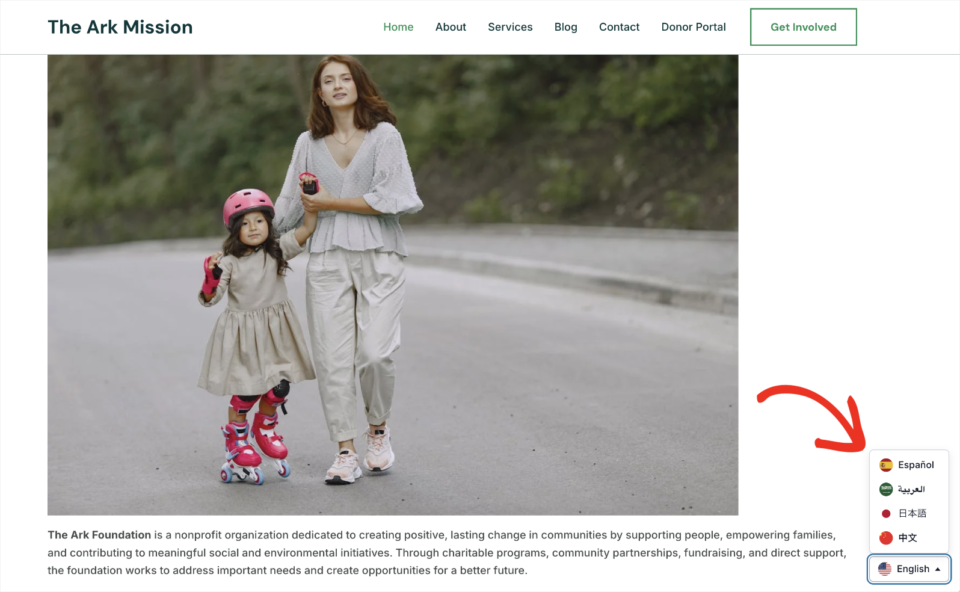 translation sample | Charitable A nonprofit homepage with the Universally language switcher open in the corner offering Spanish, Arabic, Japanese and Chinese