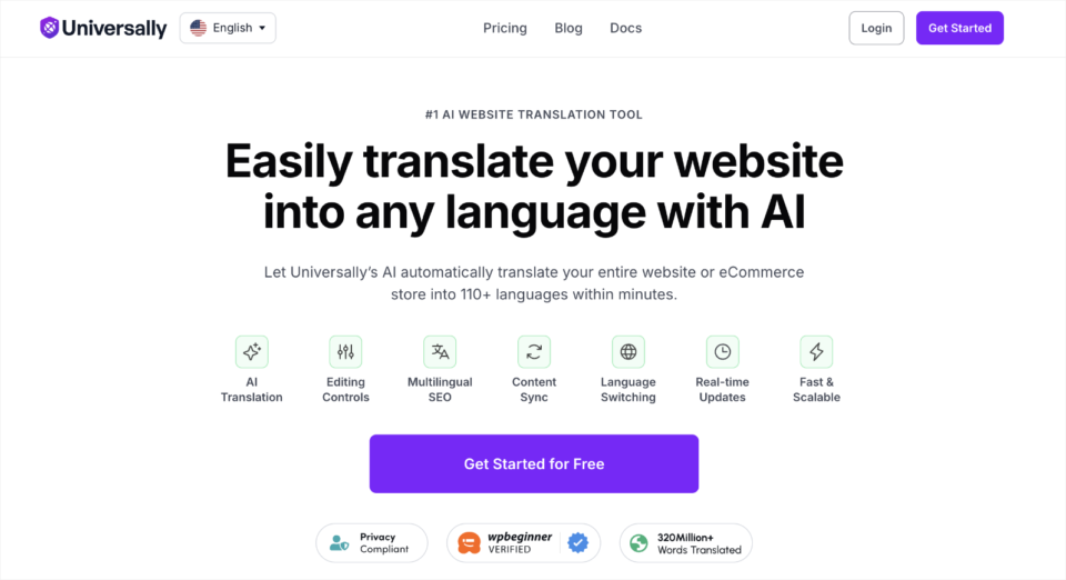 universally homepage | Charitable The Universally homepage showing its AI website translation tool for 110+ languages