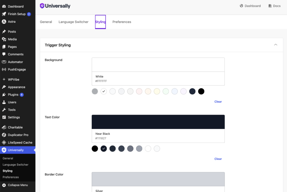 universally styling | Charitable The Universally Styling tab with background, text and border colour controls for the language switcher