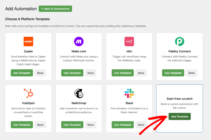 use automation template | Charitable Choose A Platform Template screen with the Start from scratch option highlighted