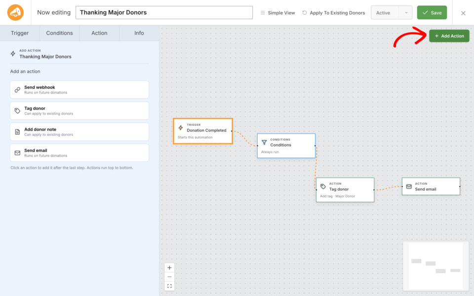 vab-add-action | Charitable Add Action panel showing Send webhook, Tag donor, Add donor note, and Send email in the Visual Automation Builder