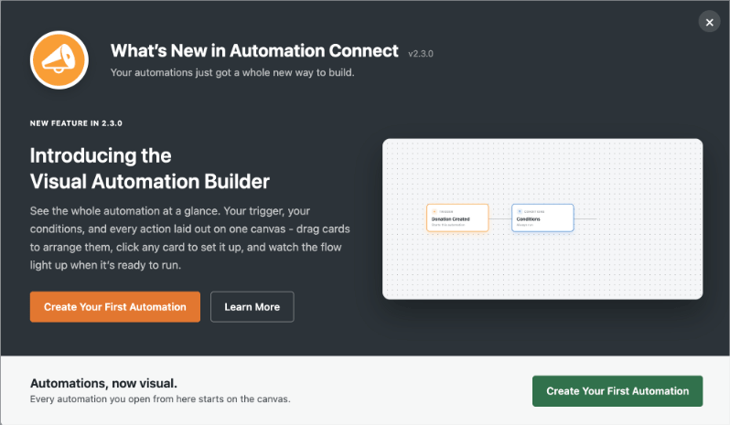 whats new in automation connect | Charitable The What's New in Automation Connect dialog in Charitable, explaining the Visual Automation Builder beside a canvas with 2 example cards