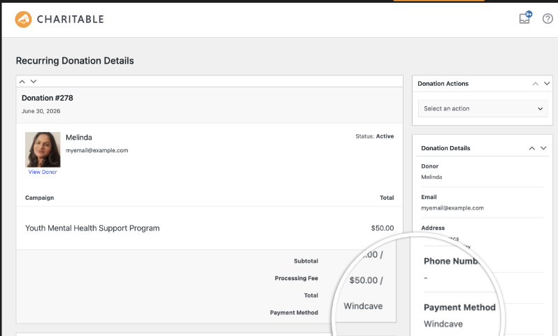 Charitable's Recurring Donation Details screen for donation #278, showing Windcave listed as the payment method