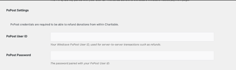 The PxPost Settings section of Charitable's Windcave gateway settings, with PxPost User ID and PxPost Password fields