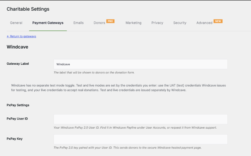 The Windcave gateway settings page in Charitable showing the Gateway Label field and the PxPay User ID and PxPay Key fields