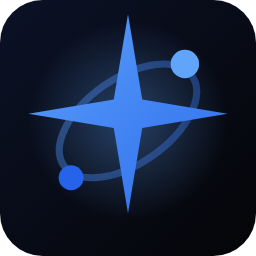 Blue compass emblem with orbit rings on a dark gradient background, representing navigation or direction