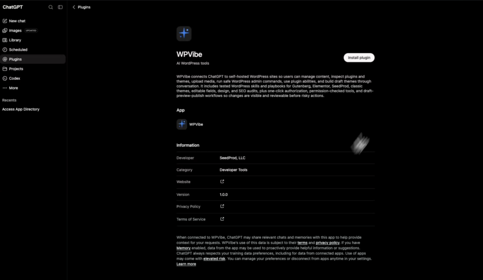 The WPVibe app page in ChatGPT's plugin directory, described as AI WordPress tools by SeedProd, with an Install plugin button