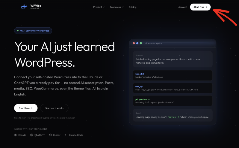 The WPVibe homepage with the headline Your AI just learned WordPress, a Start free button, and logos showing it works with Claude, ChatGPT, Cursor, and Claude Code
