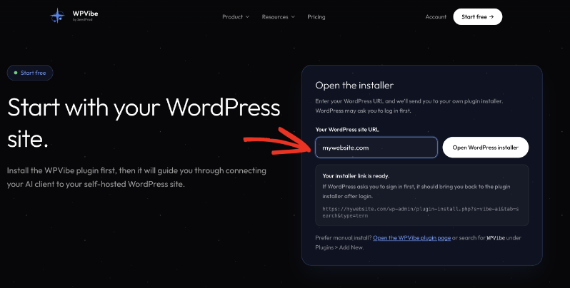 The WPVibe Open the installer panel with a WordPress site URL field filled in and an Open WordPress installer button, plus a note that the installer link is ready