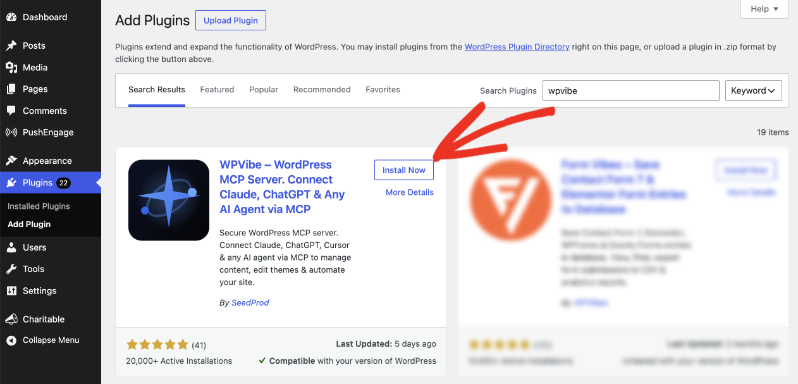 The WordPress Add Plugins screen with wpvibe typed in the search box and the WPVibe WordPress MCP Server plugin by SeedProd shown with an Install Now button