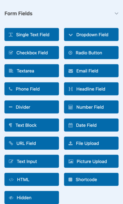 01-text-block-in-field-list | Charitable The Form Fields list in the campaign builder, with Text Block and Text Input as separate buttons