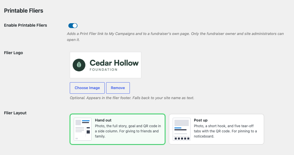 Charitable Ambassadors Fliers and Posters - 02-flier-settings | Charitable The Printable Fliers settings, showing the Enable Printable Fliers switch, the Flier Logo picker and the Hand out and Post up layout options