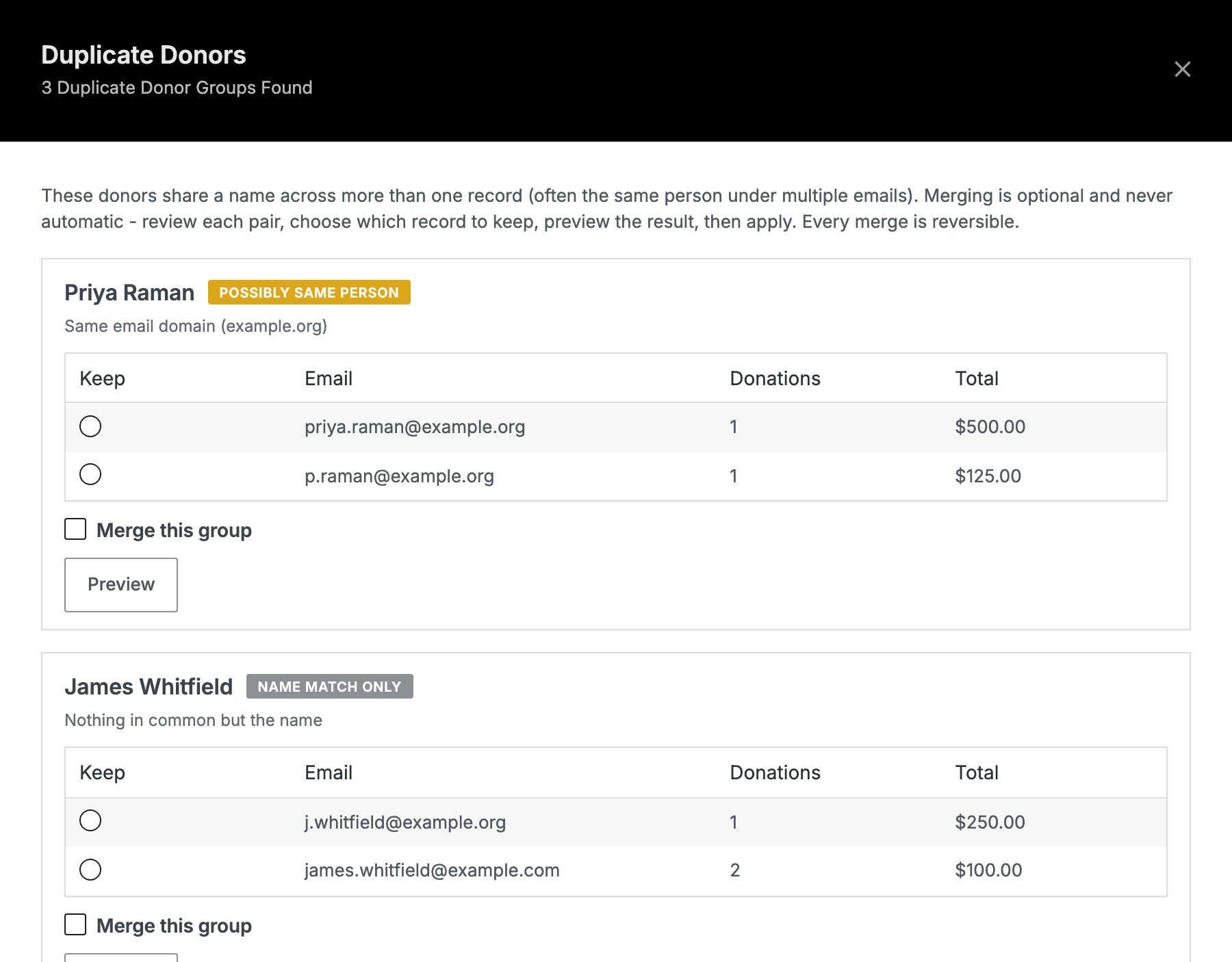 02b-modal-full | Charitable The Duplicate Donors window, listing three groups of donor records that share a name