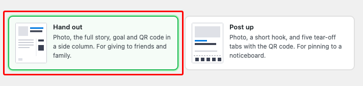 Charitable Ambassadors Fliers and Posters - 03-flier-layouts | Charitable The Flier Layout chooser, showing the Hand out and Post up options