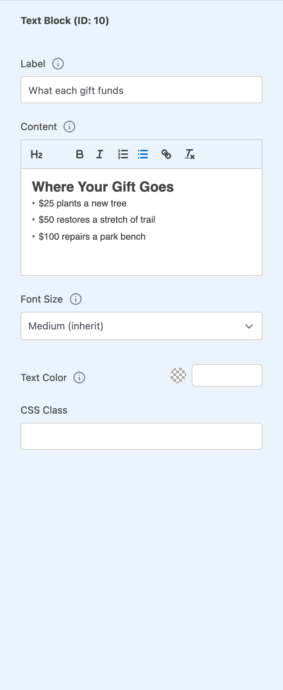 The Text Block settings panel, showing Label, Content, Font Size, Text Color and CSS Class