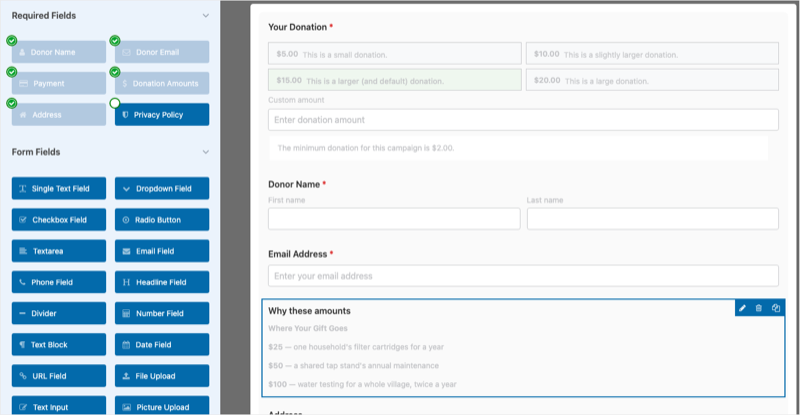 04-text-block-dropped-on-form | Charitable A Text Block on the donation form preview in the campaign builder, sitting between the Email Address and Address fields