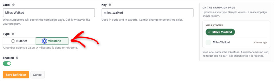 05-milestone-form-v2 | Charitable The same form with Milestone selected, showing the number-only fields hidden