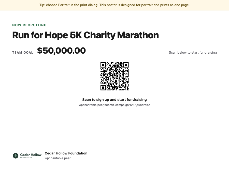 Charitable Ambassadors Fliers and Posters - 05-poster | Charitable A printable recruitment poster, showing Now Recruiting above the campaign name, the goal, and a QR code to sign up and start fundraising