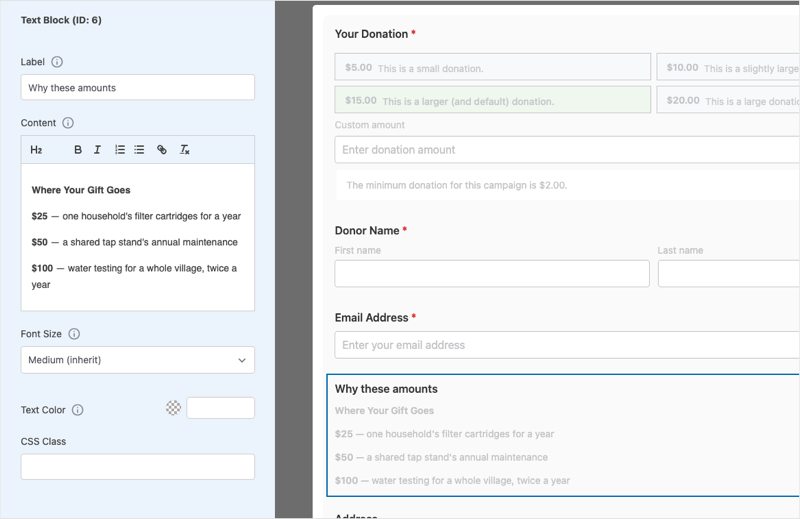05-text-block-content-toolbar | Charitable The Text Block Content editor and its toolbar, holding a Where Your Gift Goes heading and what , and 0 fund