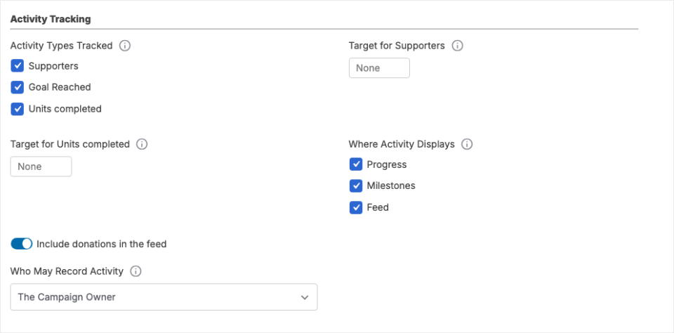 06-campaign-panel-v2 | Charitable The Activity Tracking block inside the campaign builder's Peer to Peer Fundraising settings group