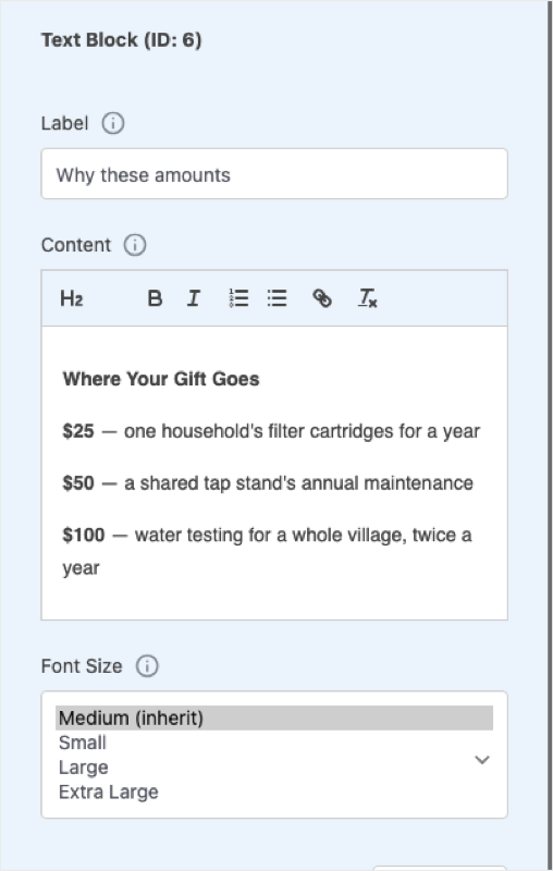 06-text-block-font-size-options | Charitable The Text Block Font Size options, showing Medium (inherit), Small, Large and Extra Large