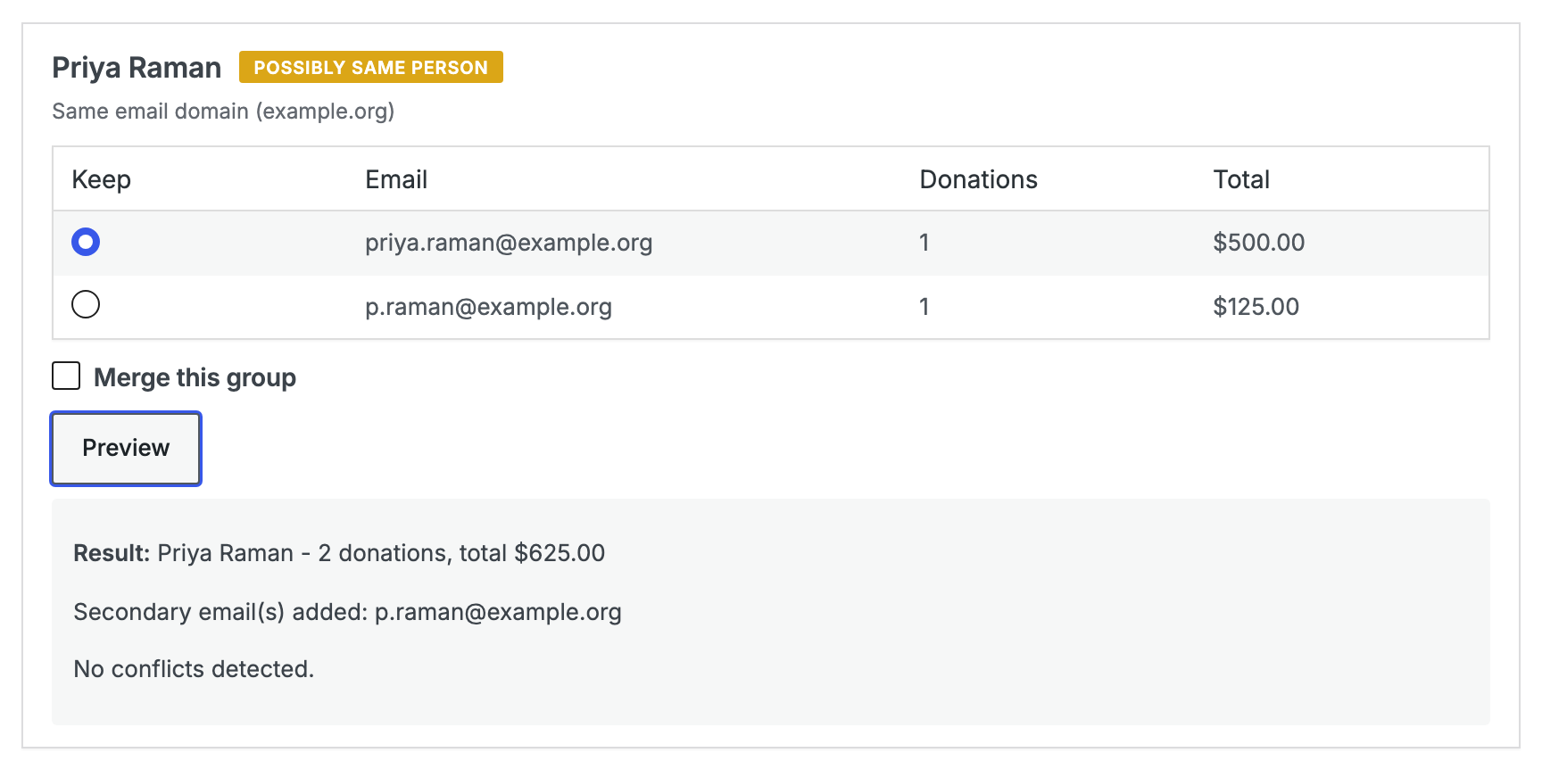 07-preview-result | Charitable The preview, showing the combined donation count and total, and the email that will be added