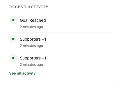 07b-public-module-recent-activity | Charitable The Recent Activity feed at the bottom of the Activity module, with the See all activity link