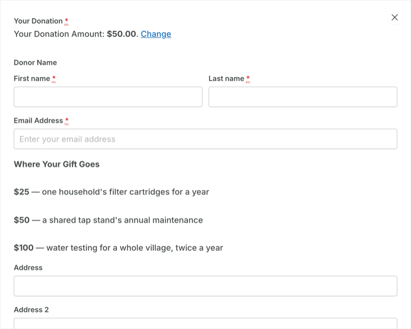 08-text-block-front-end-form | Charitable A live donation form with a Where Your Gift Goes Text Block below the email field, listing what , and 0 fund