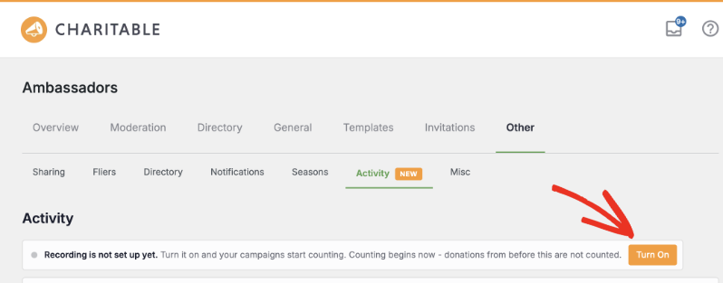 activity tracking | Charitable The Activity tab in Charitable Ambassadors, with the recording strip and its Turn On button