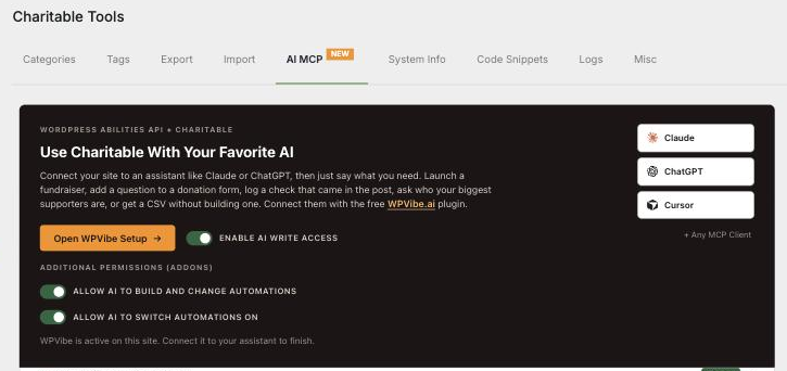 The 3 AI access switches on the Charitable » Tools » AI MCP screen