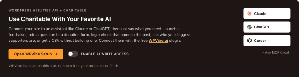 The Open WPVibe Setup button on the Charitable » Tools » AI MCP screen