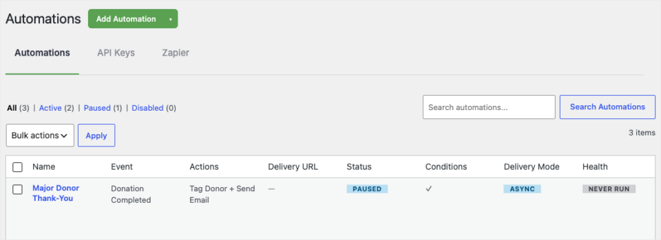 The Major Donor Thank-You automation on the Charitable Automations screen, marked Paused and Never Run