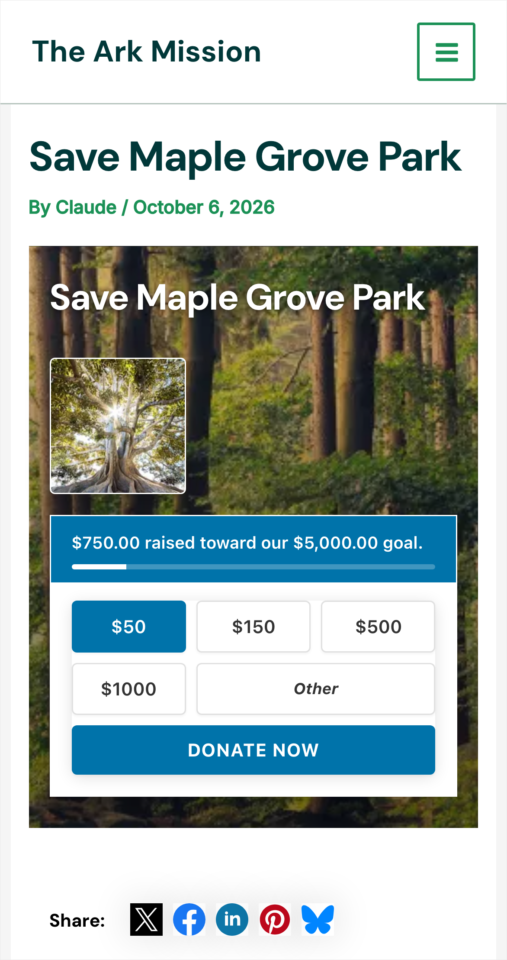 campaign-page-mobile | Charitable La page de campagne Save Maple Grove Park sur un téléphone avec le bouton Faire un don maintenant visible