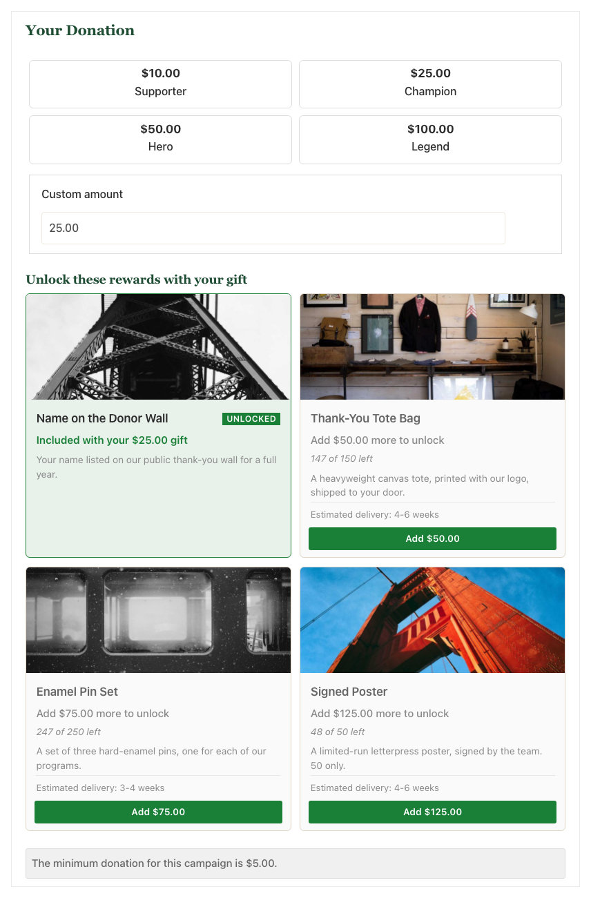 The same form after clicking Add, with one card unlocked in green and the remaining card showing a recalculated smaller gap