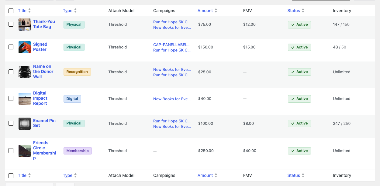 The Rewards Catalog list, showing reward titles with type badges, amounts, fair market values, status, and inventory