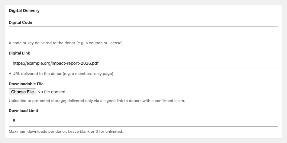 The reward edit screen for a digital reward, showing the code, link, and file delivery options and the download limit