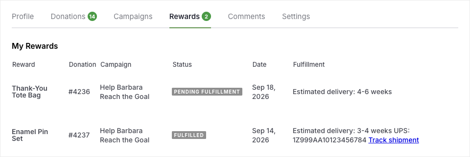 charitable-rewards-donor-experience-01-rewards-tab | Charitable The Rewards tab on the donor dashboard, listing 2 claimed rewards with their donation, campaign, status, date and delivery details