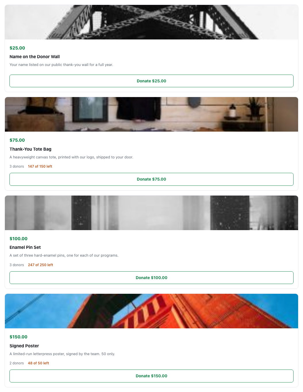 Reward cards rendered on a standalone page using the charitable_reward_cards shortcode