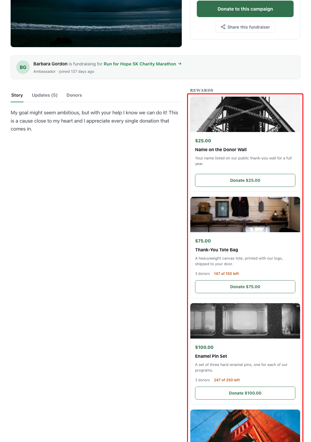 An ambassador fundraiser page showing inherited reward cards in the sidebar alongside the funding panel