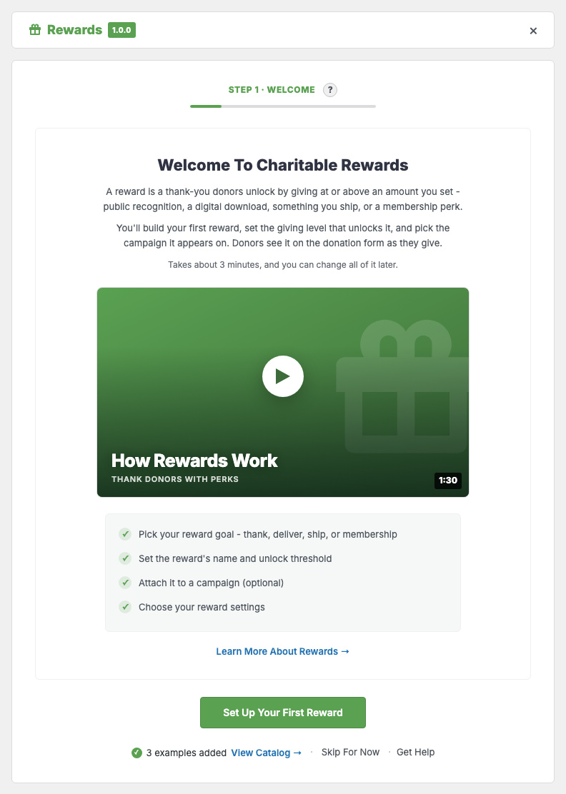Step 1 of the Rewards setup wizard, with the overview video tile and the "What you'll set up" checklist