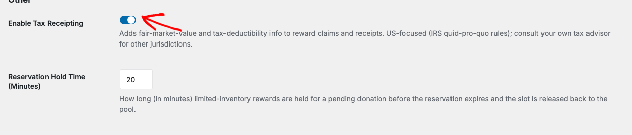 The Rewards settings on the Other tab, showing the tax receipting switch and the reservation hold in minutes
