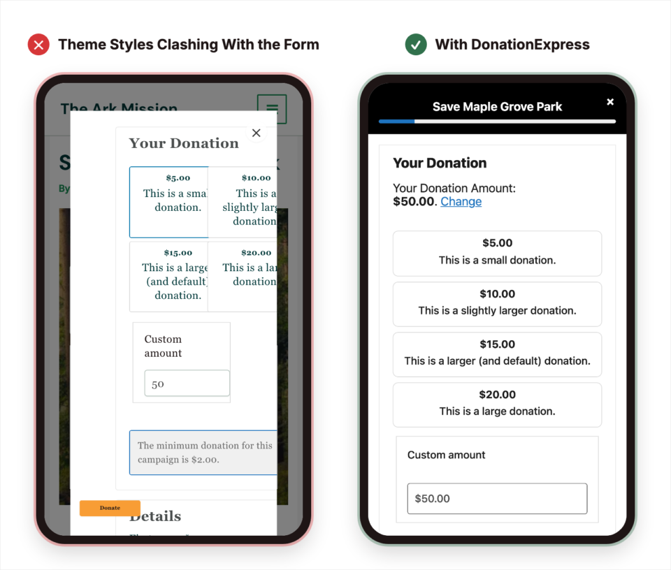 donationexpress-before-after-comparison | Charitable Un formulaire de don sur un téléphone avec des styles de thème qui jurent avec lui, à côté du formulaire de la même campagne dans la feuille propre DonationExpress