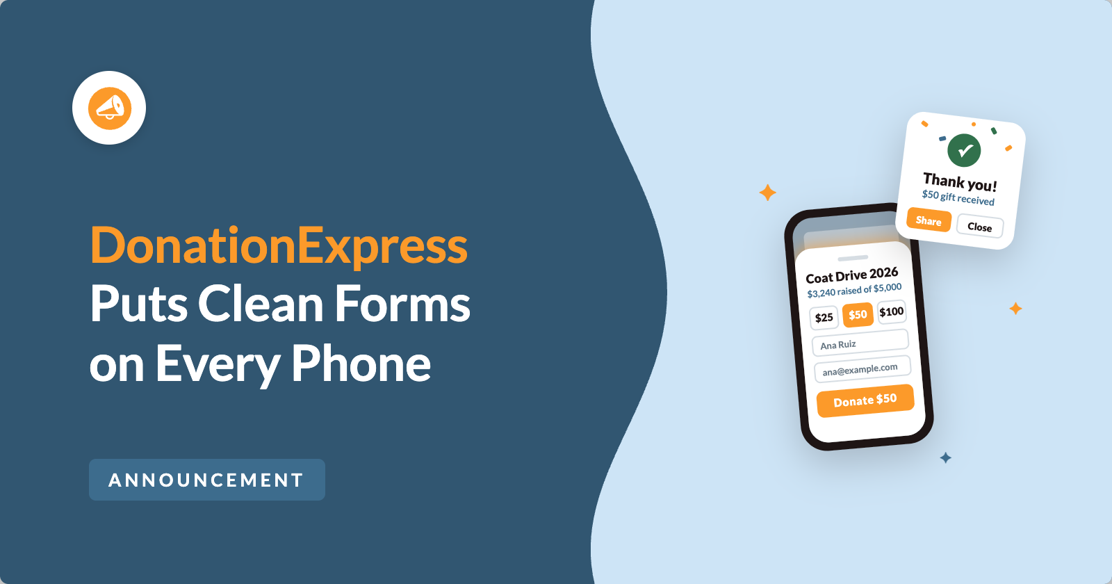 donationexpress-featured-image | Charitable Bannière d'annonce : image de marque DonationExpress à gauche avec un séparateur incurvé, et un formulaire de don sur téléphone avec une carte de remerciement à droite sur fond bleu clair.