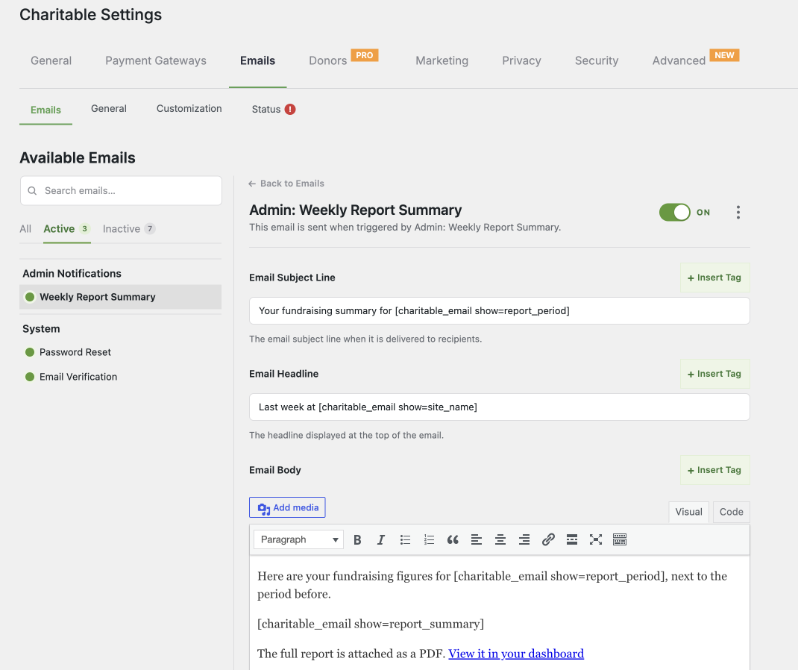 email summary screen | Charitable The Admin Weekly Report Summary email in Charitable Settings, with the subject line, headline and body fields
