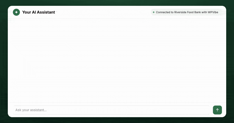 Chat interface titled'Your AI Assistant' with a white panel, top-left logo, and a status badge 'Connected to Riverside Food Bank with WPVibe'; large empty chat area, input bar at bottom, and a green send button at the lower-right.