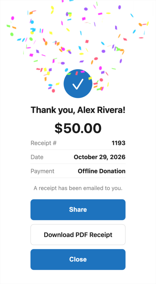 receipt-celebration-mobile | Charitable Le reçu de célébration DonationExpress sur un téléphone, avec des confettis, une coche, le montant du don et les boutons Partager, Télécharger le reçu PDF et Fermer