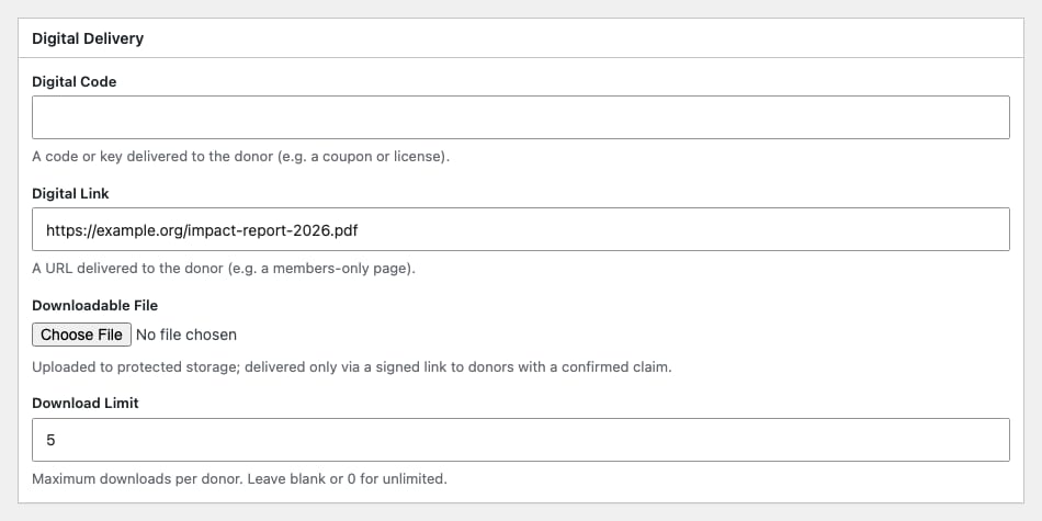 The reward edit screen for a digital reward, showing the code, link, and file delivery options and the download limit