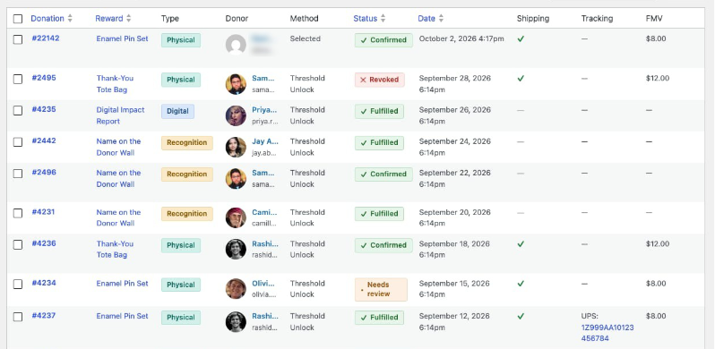 The Claims list showing donation, reward, type, donor, method, status, date, shipping, tracking, and fair market value columns