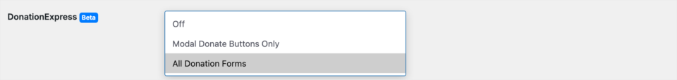 settings-dropdown-open | Charitable Le paramètre DonationExpress ouvert, montrant Désactivé, Boutons de don modal uniquement et Tous les formulaires de don